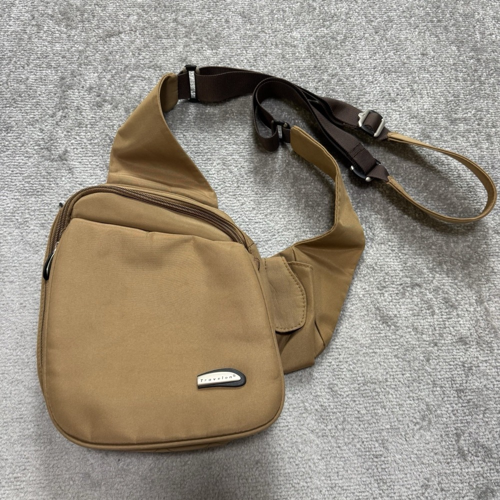 Travelon Tan Crossbody Bag Purse Brown Green Zip Pockets Travel